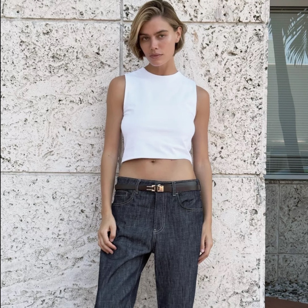 Zara White Sleeveless Cropped Tank Top